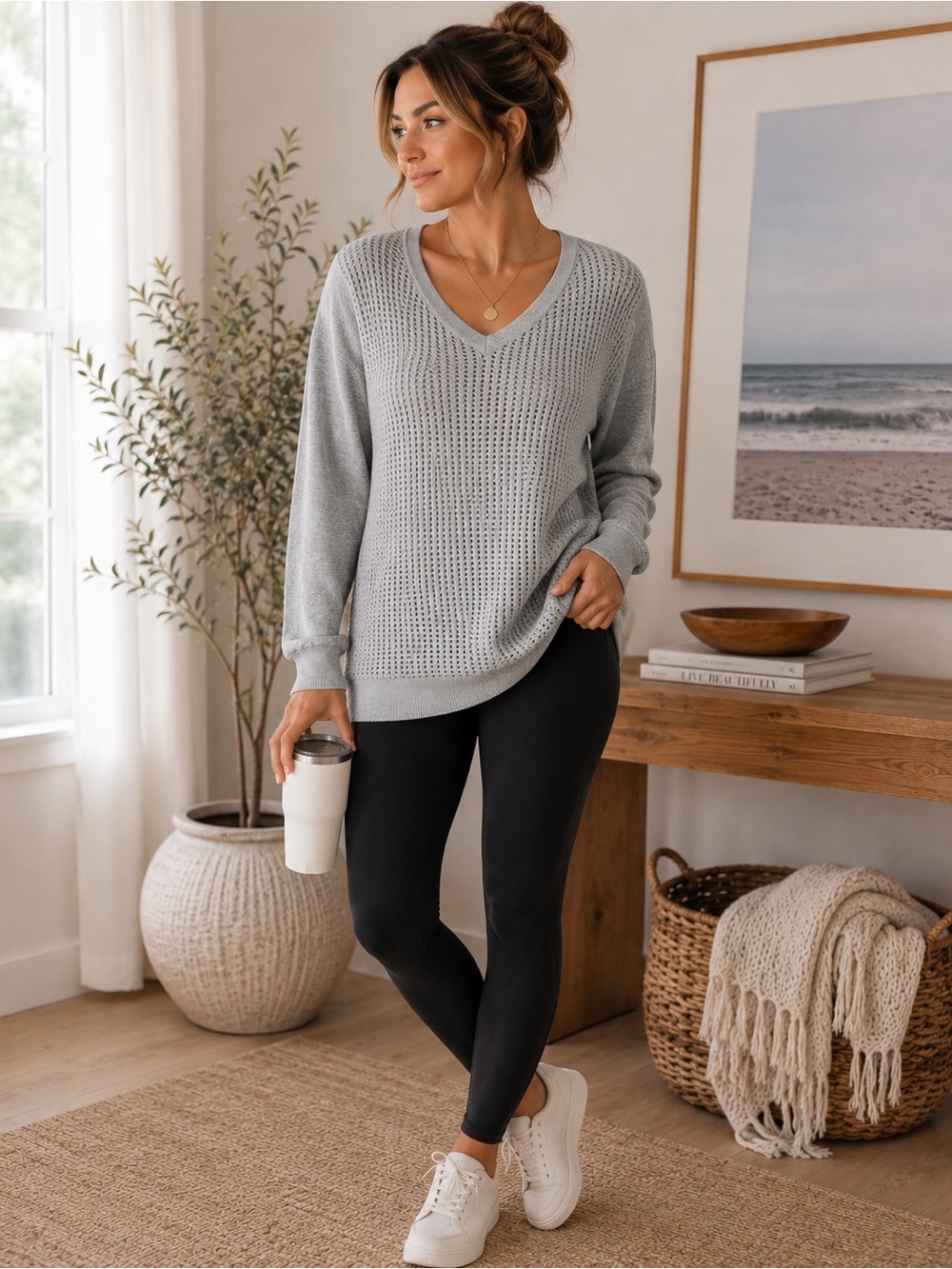 The Limited Gray Open Knit V-Neck Lightweight Sweater | Size Small